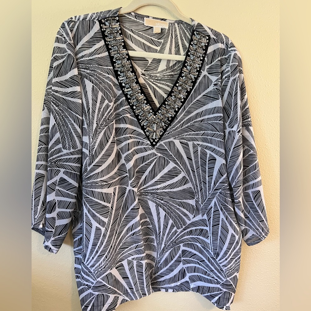 MICHAEL KORS Palm Print Sheer Embellished V Neck Top Size XL
